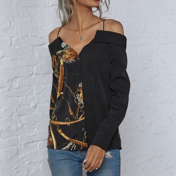 READY 2 SHIP Sexy cold should Button Down Blouse - Picture 2 of 6